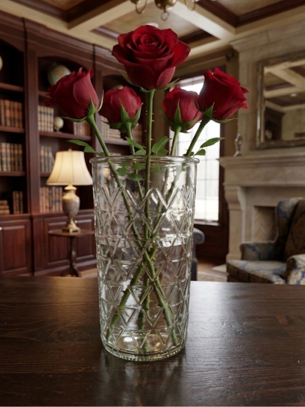 Clear Tall Glass Cylinder Wide Mouth Vase with Modern Embossed Triangle Design